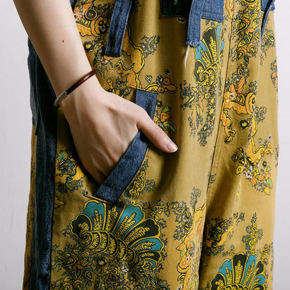 Women Spliced Plant Printed Loose Jumpsuit