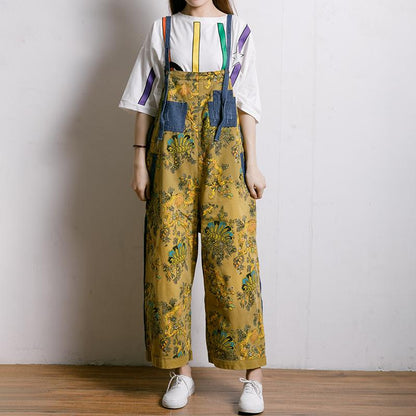 Women Spliced Plant Printed Loose Jumpsuit