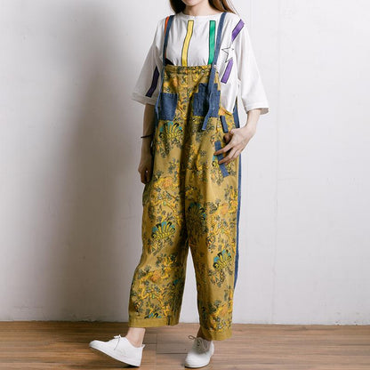 Women Spliced Plant Printed Loose Jumpsuit