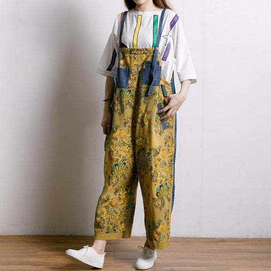 Women Spliced Plant Printed Loose Jumpsuit
