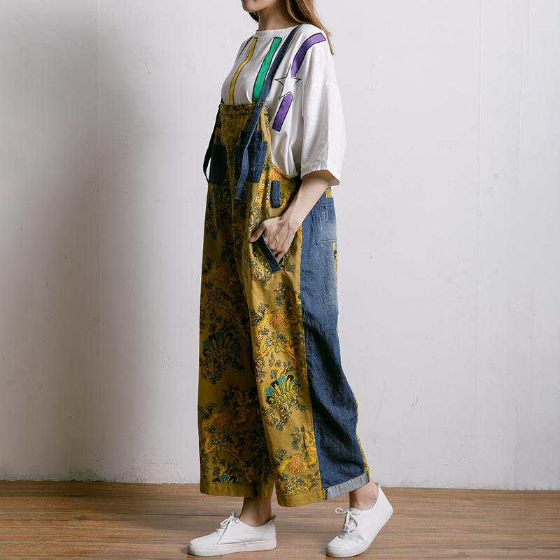 Women Spliced Plant Printed Loose Jumpsuit