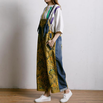 Women Spliced Plant Printed Loose Jumpsuit
