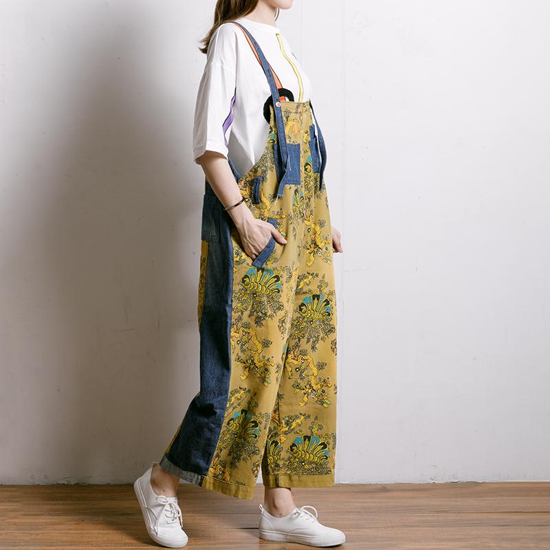Women Spliced Plant Printed Loose Jumpsuit