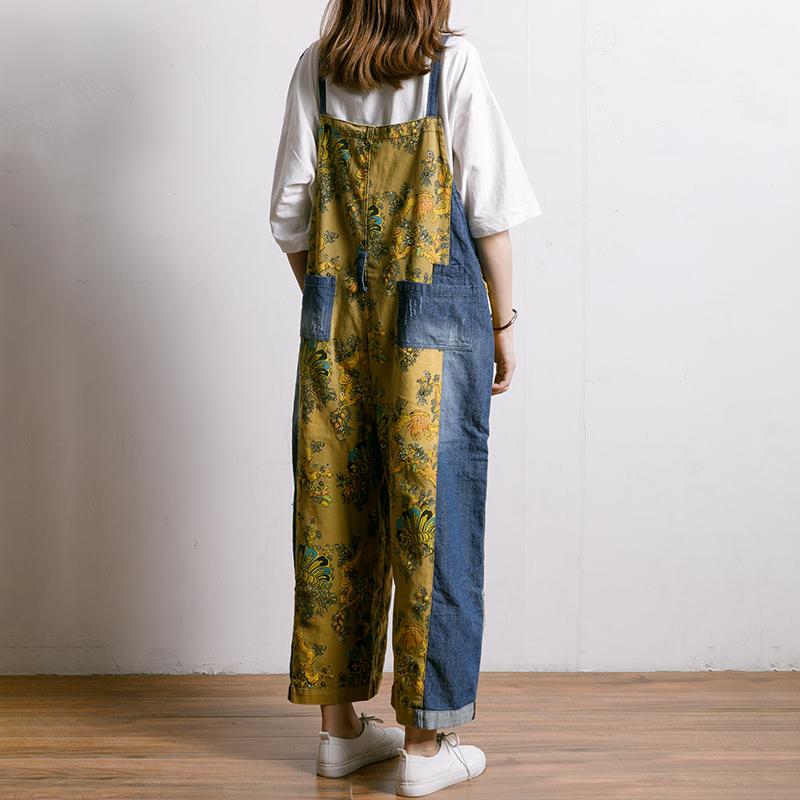 Women Spliced Plant Printed Loose Jumpsuit