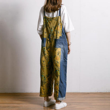 Women Spliced Plant Printed Loose Jumpsuit
