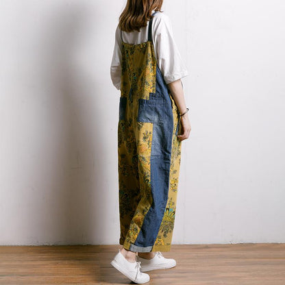 Women Spliced Plant Printed Loose Jumpsuit