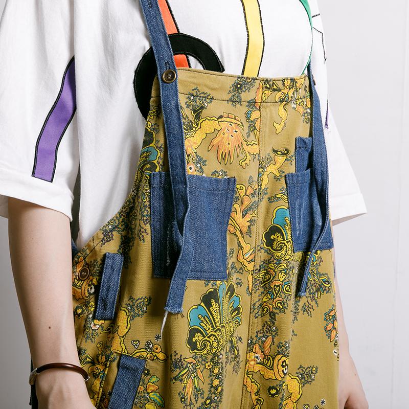 Women Spliced Plant Printed Loose Jumpsuit