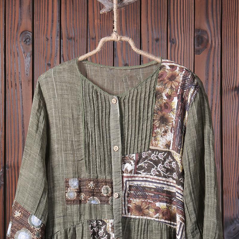 Women Spliced Pleated Vintage Loose Shirt