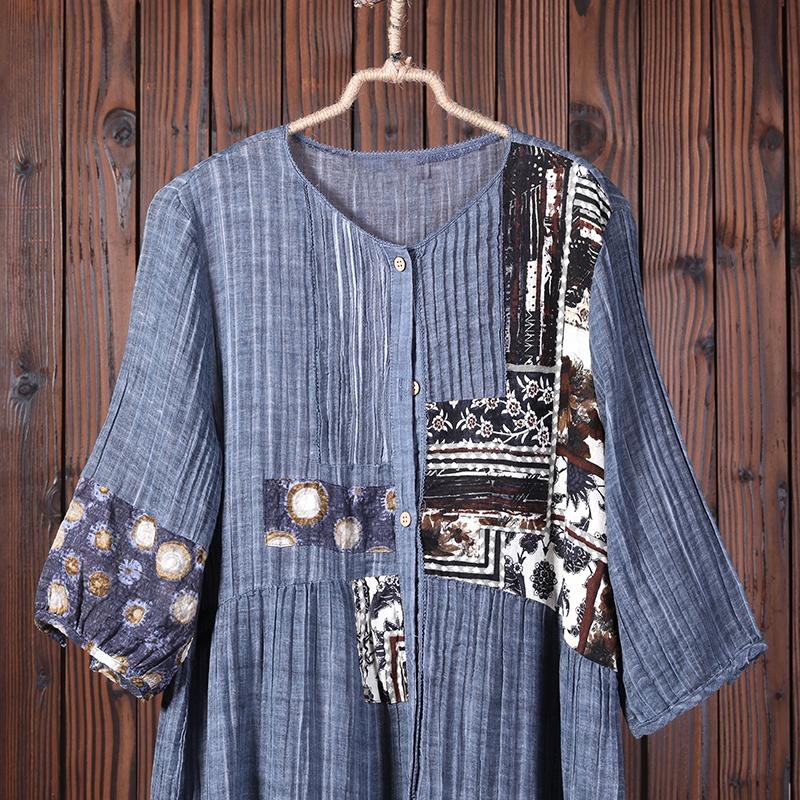 Women Spliced Pleated Vintage Loose Shirt
