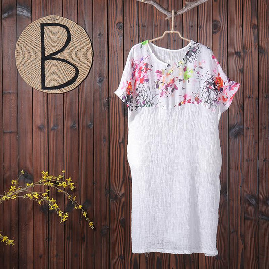 Women Splicing Printing Floral Linen Summer Dress