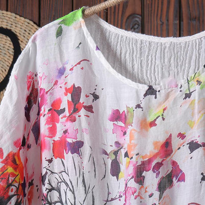 Women Splicing Printing Floral Linen Summer Dress
