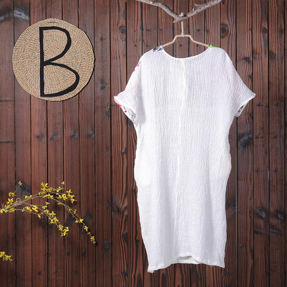 Women Splicing Printing Floral Linen Summer Dress