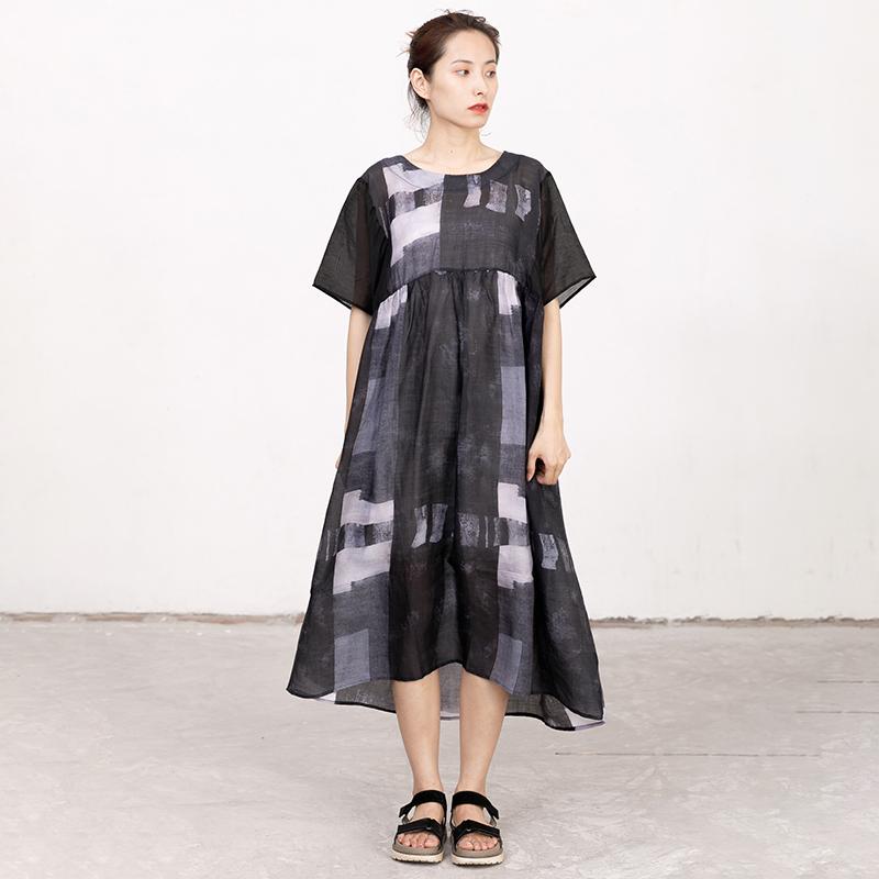 Women Splicing Summer Dress Loose Cotton with Pocket