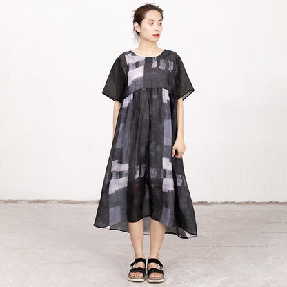 Women Splicing Summer Dress Loose Cotton with Pocket