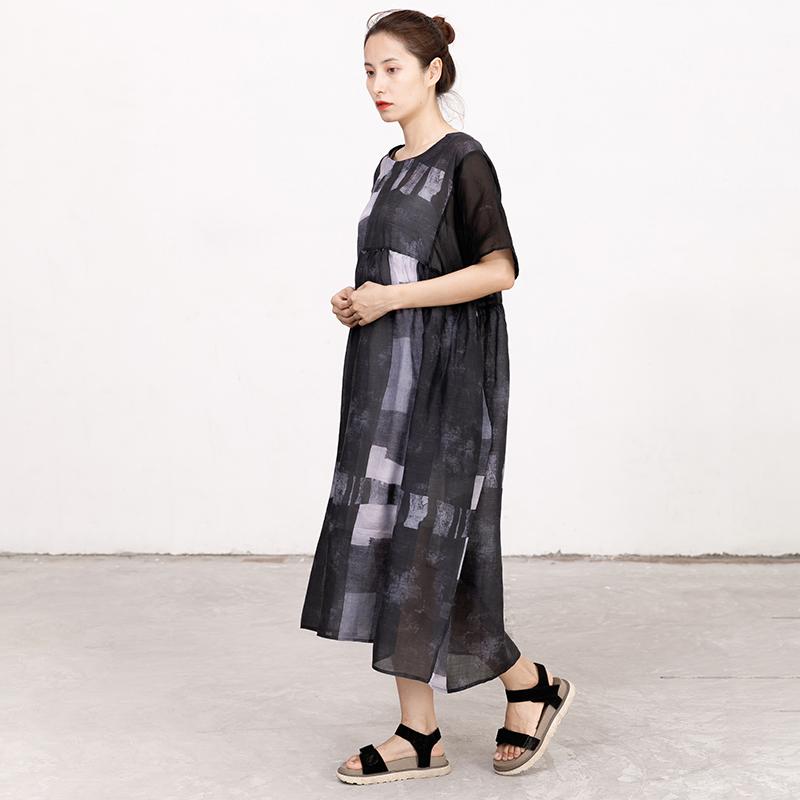 Women Splicing Summer Dress Loose Cotton with Pocket