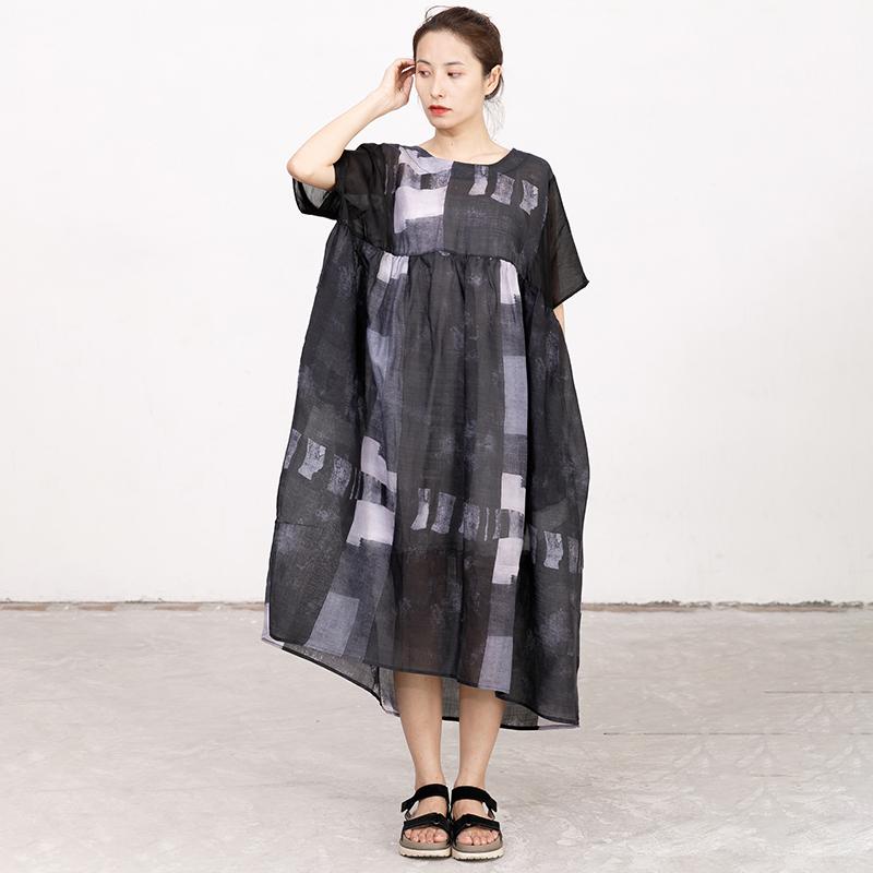 Women Splicing Summer Dress Loose Cotton with Pocket