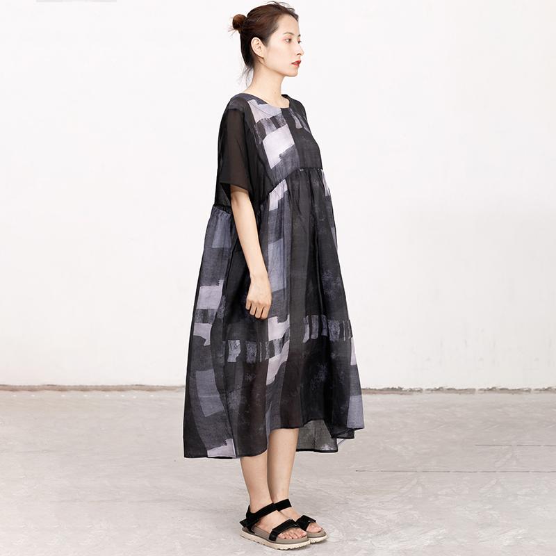 Women Splicing Summer Dress Loose Cotton with Pocket