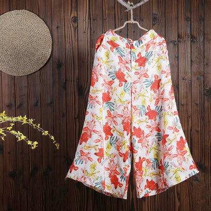 Women Spring Casual Floral Wide Leg Pants Calf Length Pants