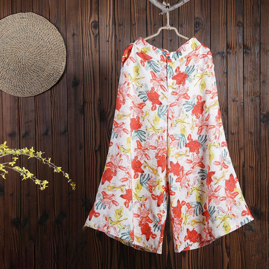 Women Spring Casual Floral Wide Leg Pants Calf Length Pants
