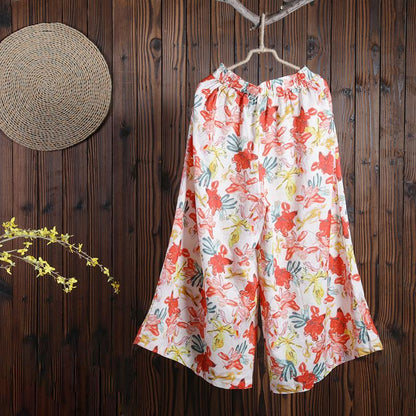 Women Spring Casual Floral Wide Leg Pants Calf Length Pants