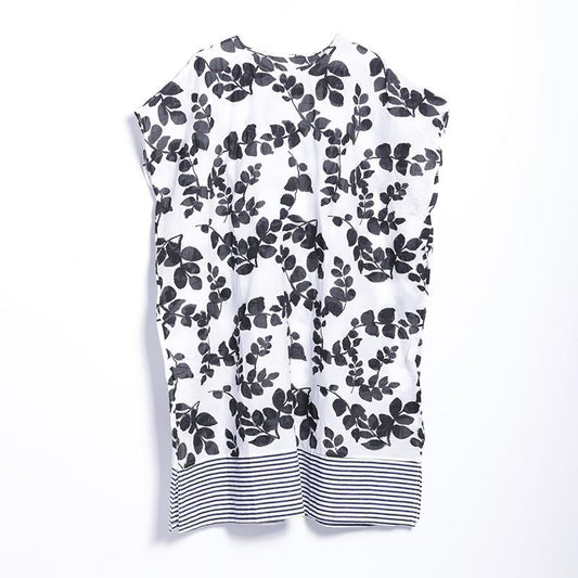 Women Spring Casual Plant Stripe Mid-Calf Pullover Loose Short Sleeve Dress