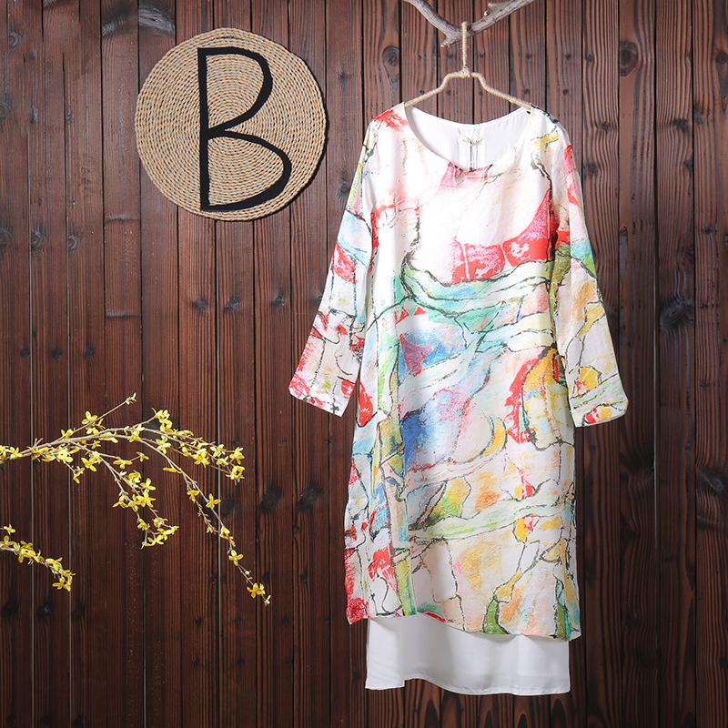 Women Spring Casual Print Long Sleeve Pullover Loose Maxi Dress