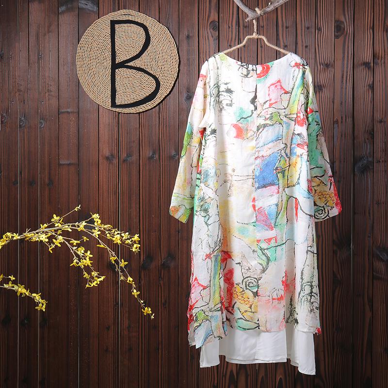 Women Spring Casual Print Long Sleeve Pullover Loose Maxi Dress