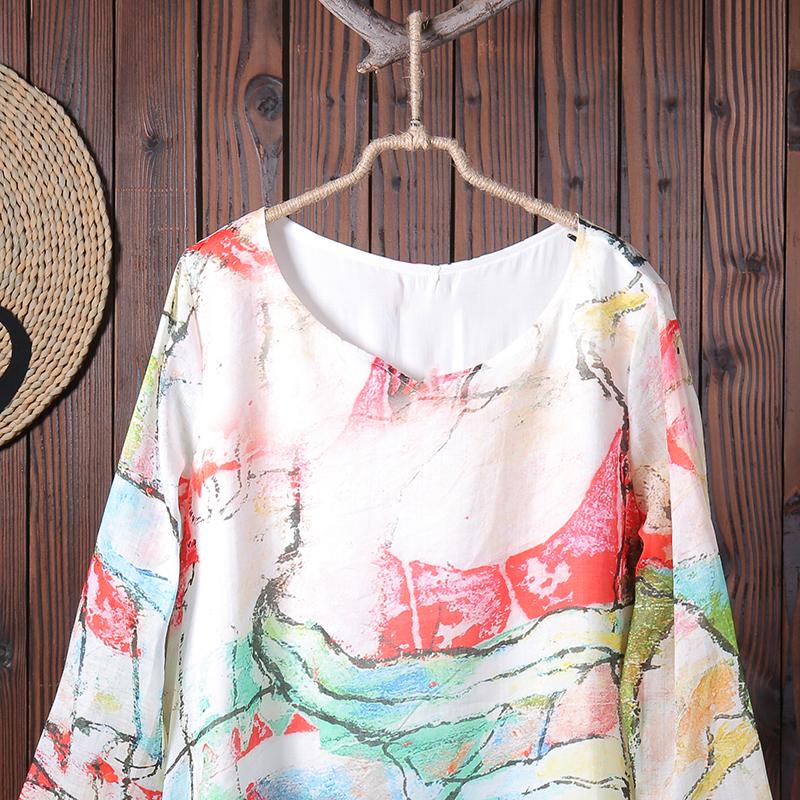 Women Spring Casual Print Long Sleeve Pullover Loose Maxi Dress