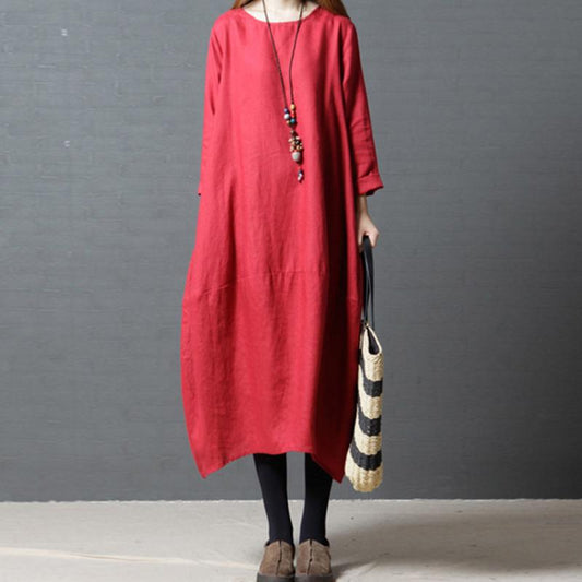 Women Spring Casual Solid Mid-Calf Long Sleeve Loose Dress