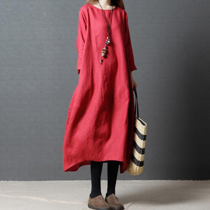 Women Spring Casual Solid Mid-Calf Long Sleeve Loose Dress