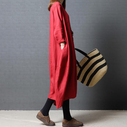 Women Spring Casual Solid Mid-Calf Long Sleeve Loose Dress