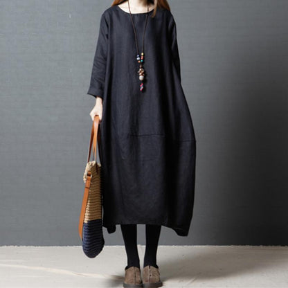 Women Spring Casual Solid Mid-Calf Long Sleeve Loose Dress