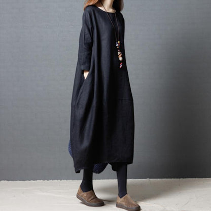 Women Spring Casual Solid Mid-Calf Long Sleeve Loose Dress