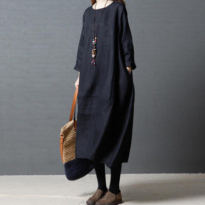 Women Spring Casual Solid Mid-Calf Long Sleeve Loose Dress