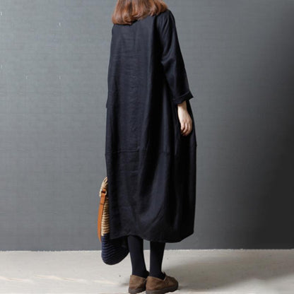 Women Spring Casual Solid Mid-Calf Long Sleeve Loose Dress