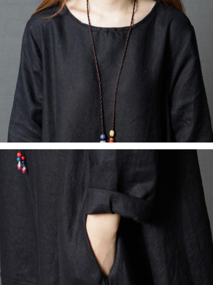 Women Spring Casual Solid Mid-Calf Long Sleeve Loose Dress
