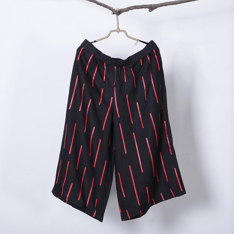 Women Spring Casual Stripe Mid Wide Leg Pants Calf Length Pants