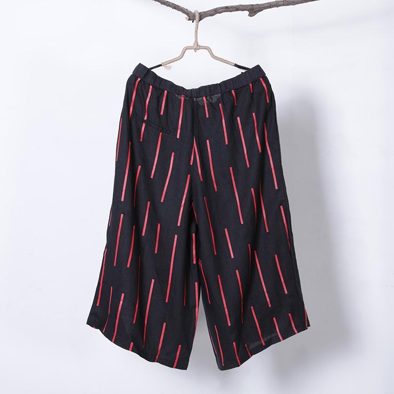 Women Spring Casual Stripe Mid Wide Leg Pants Calf Length Pants
