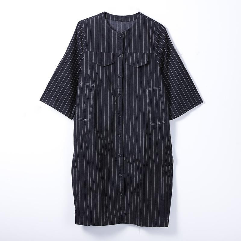 Women Spring Casual Striped Mid-Calf Cardigan Long Sleeve Loose Dress