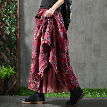 Women Spring Double Layers Floral Printing Skirt