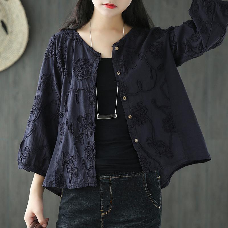 Women Spring Floral Embroidery Vintage Cardigan Short Coat