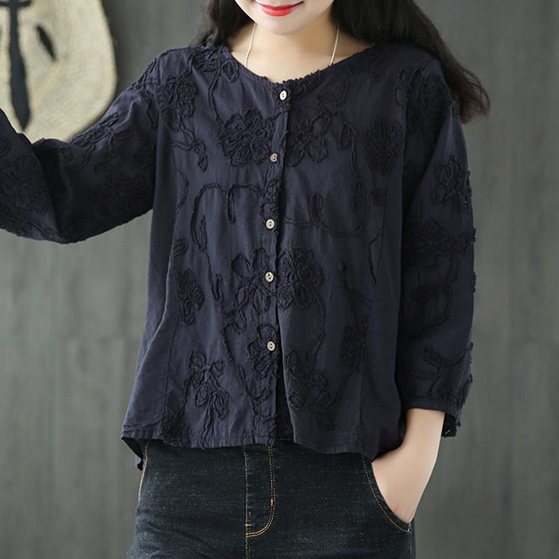 Women Spring Floral Embroidery Vintage Cardigan Short Coat
