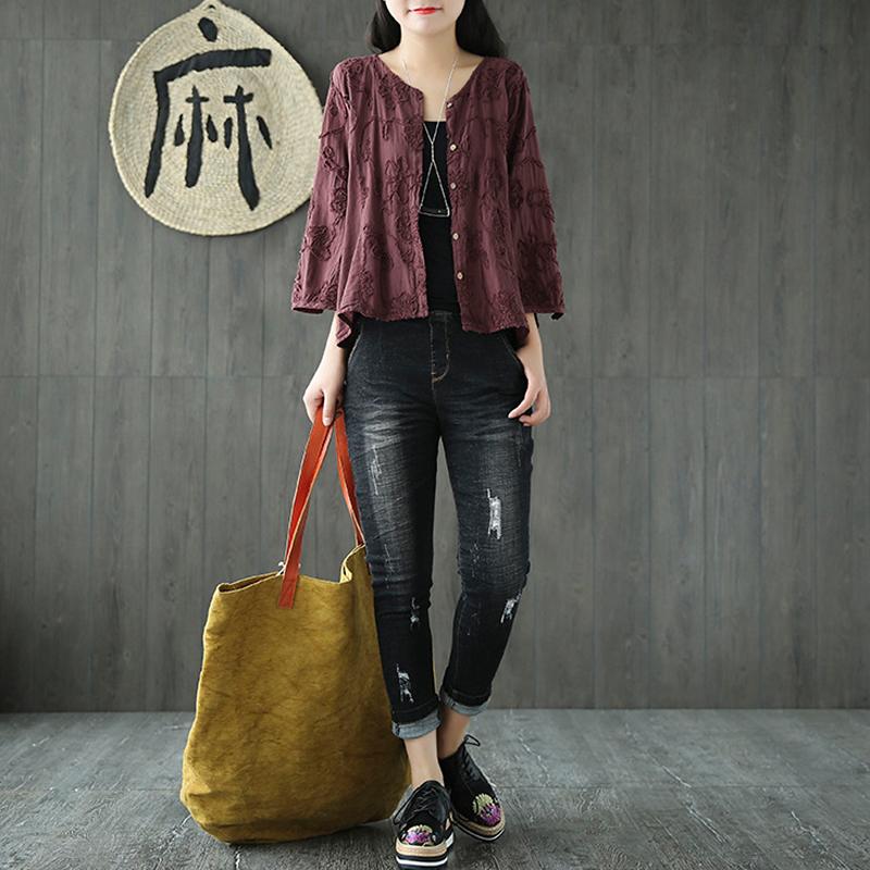 Women Spring Floral Embroidery Vintage Cardigan Short Coat