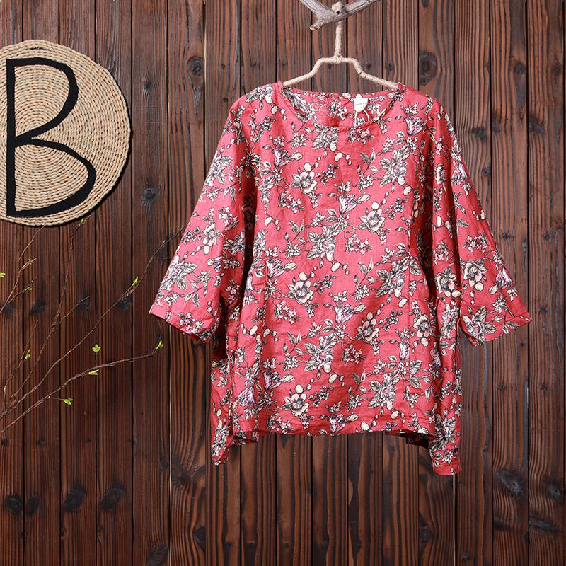 Women Spring Floral Three Quarter Sleeve Casual Loose Shirt