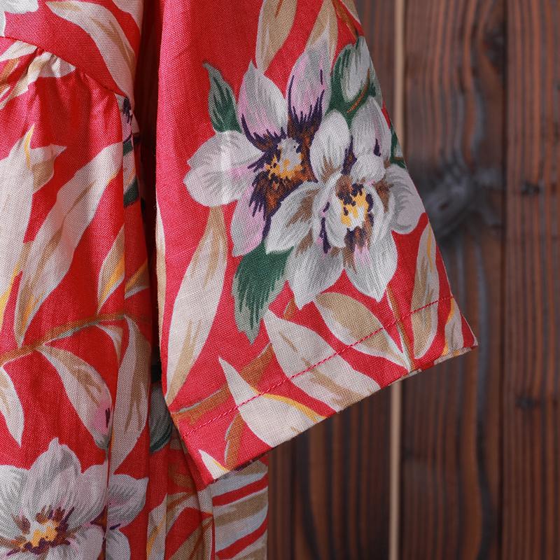 Women Spring Floral Three Quarter Sleeve Casual Loose Shirt