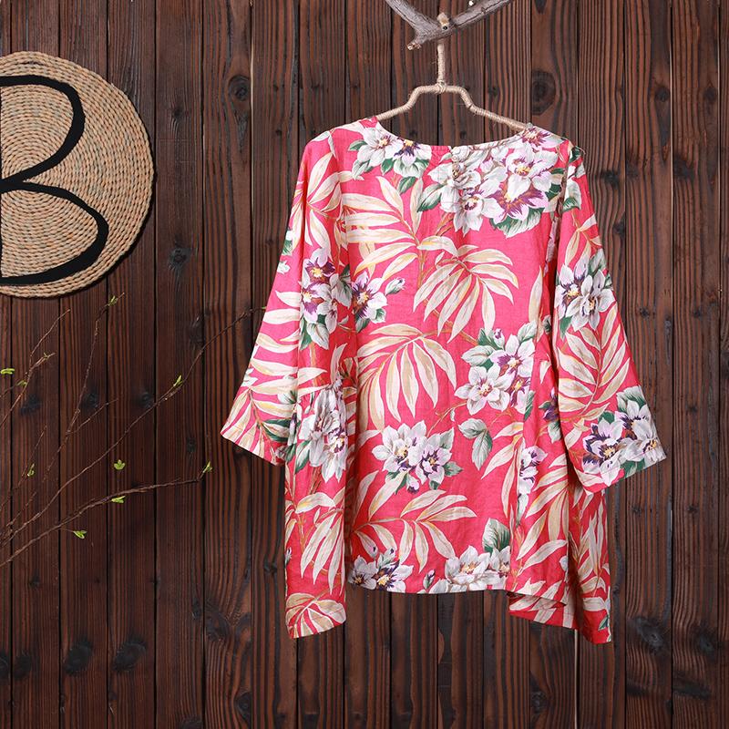 Women Spring Floral Three Quarter Sleeve Casual Loose Shirt