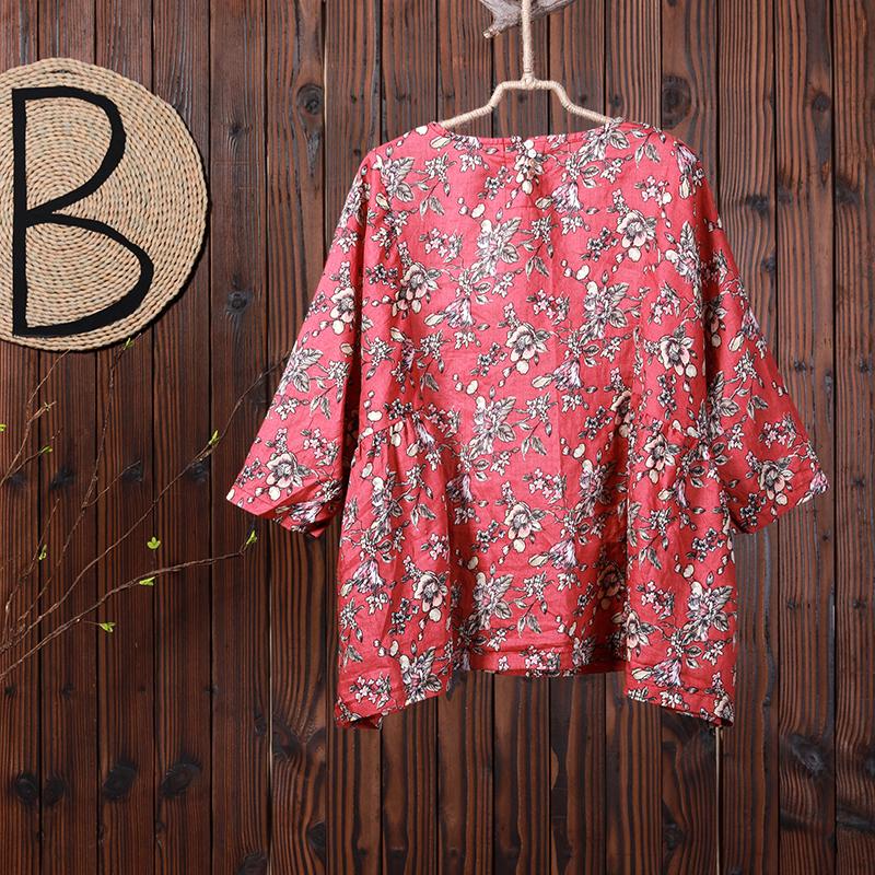 Women Spring Floral Three Quarter Sleeve Casual Loose Shirt