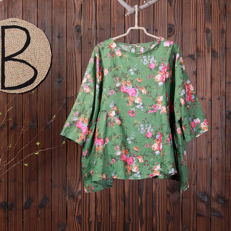 Women Spring Floral Three Quarter Sleeve Casual Loose Shirt
