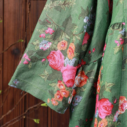 Women Spring Floral Three Quarter Sleeve Casual Loose Shirt