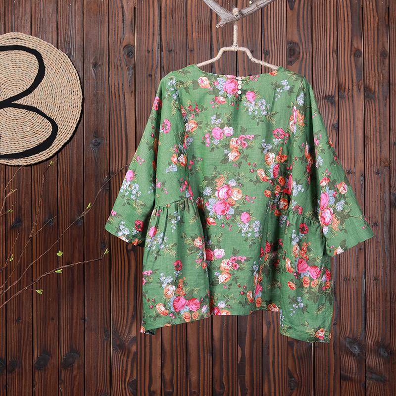 Women Spring Floral Three Quarter Sleeve Casual Loose Shirt